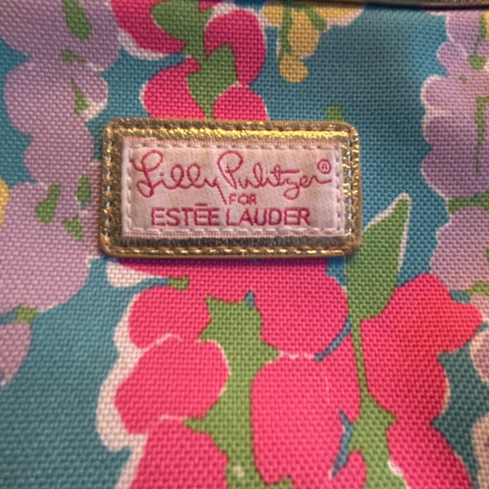 Lilly Pulitzer for Estee Lauder canvas makeup pouch gold trim pink yellow aqua - Picture 2 of 7
